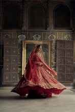 Load image into Gallery viewer, DEEP RED RAW SILK LEHENGA CHOLI SET WITH A TULLE DUPATTA AND AN OPTIONAL SECOND DUPATTA AND BELT.