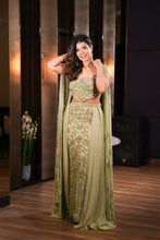 Load image into Gallery viewer, Green Net Sequins, Pearls, Crystals Flower Hand Embroidered Lehenga With Blouse