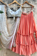 Load image into Gallery viewer, Peach and Ivory Ruffle Lehenga Set