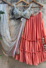 Load image into Gallery viewer, Peach and Ivory Ruffle Lehenga Set