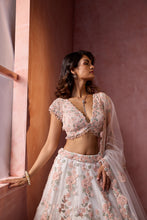 Load image into Gallery viewer, WHITE NET WITH LEATHER APPLIQUE LEHENGA SET
