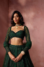 Load image into Gallery viewer, BOTTLE GREEN NET LEHENGA SET