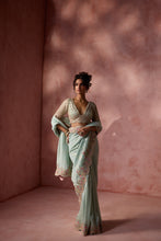 Load image into Gallery viewer, AQUA LUREX GEORGETTE SAREE SET