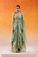 Load image into Gallery viewer, Pista Green Embroidered Drape Skirt Set with Cape