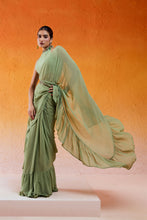 Load image into Gallery viewer, Pista Green Embroidered Drape Saree Set with Belt