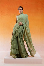 Load image into Gallery viewer, Pista Green Embroidered Drape Saree Set with Belt