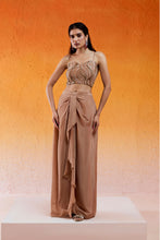 Load image into Gallery viewer, Caramel Brown Embroidered Drape Skirt Set with Cape