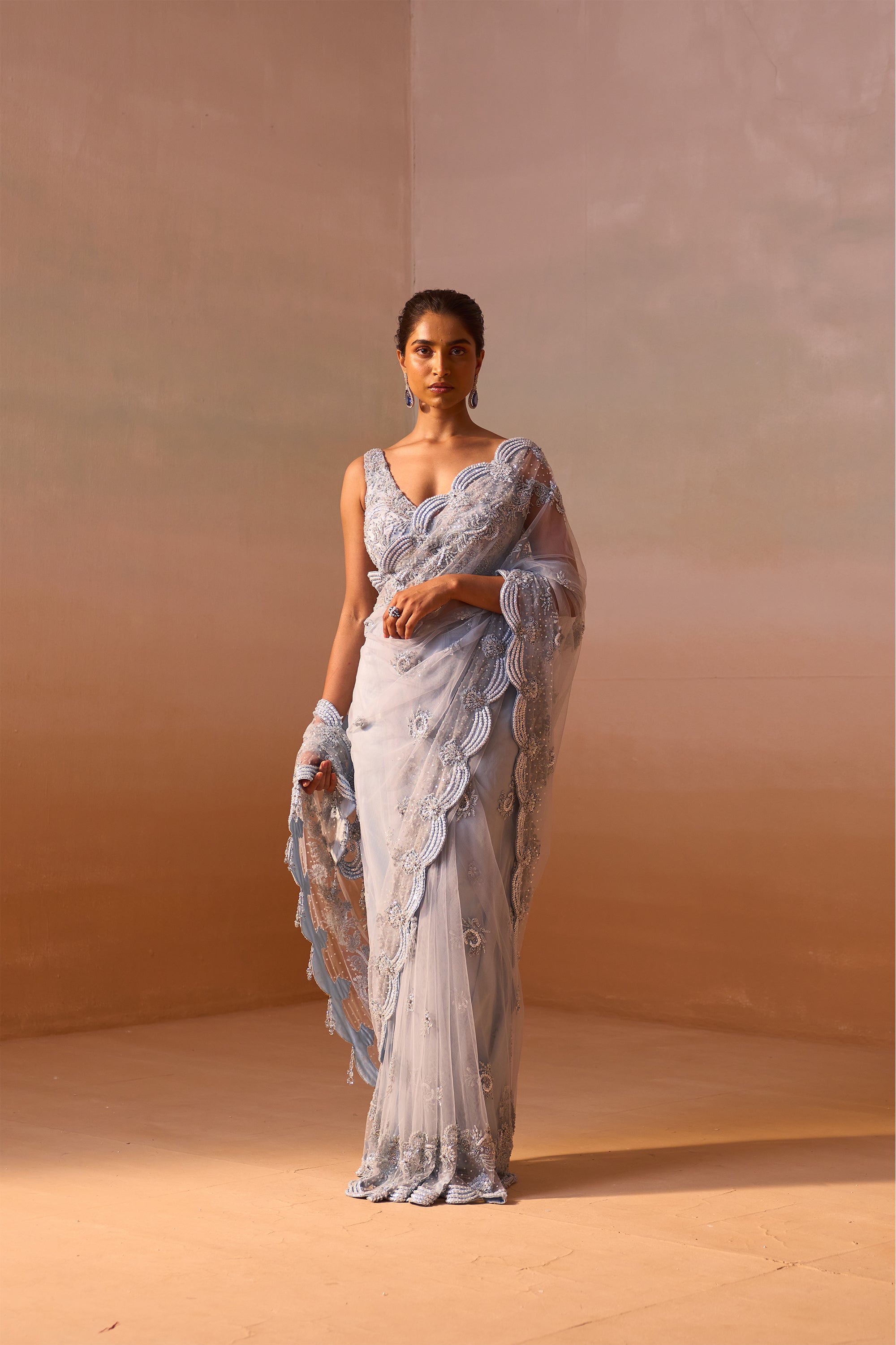 Powder Blue single tier pre draped saree