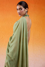 Load image into Gallery viewer, Pista Green Embroidered Drape Saree Set with Belt
