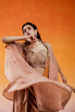 Load image into Gallery viewer, Caramel Brown Embroidered Drape Skirt Set with Cape