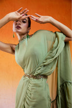 Load image into Gallery viewer, Pista Green Embroidered Drape Saree Set with Belt