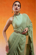 Load image into Gallery viewer, Pista Green Embroidered Drape Saree Set with Belt