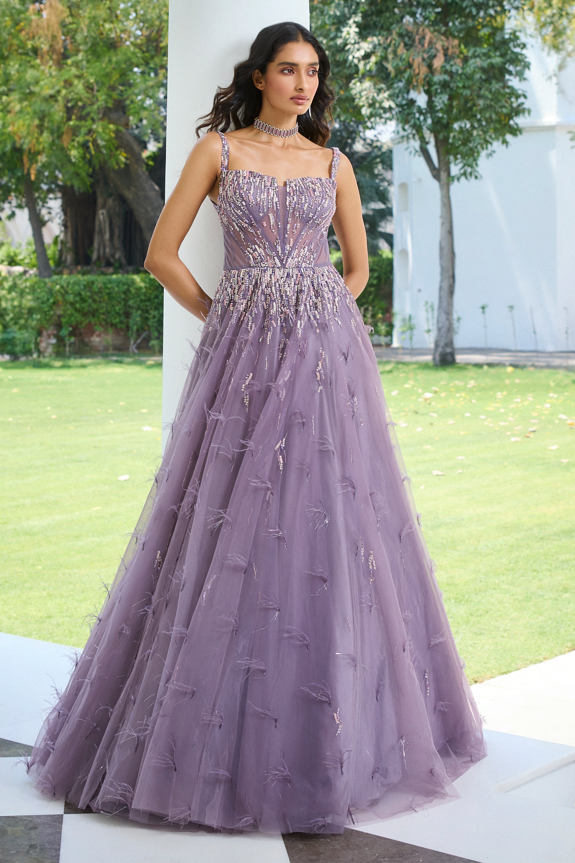 13875 Grey Flower Applique Tulle Evening Gown