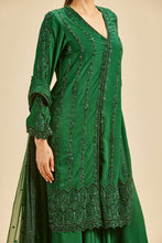 Load image into Gallery viewer, BOTTLE GREEN VELVET APPLIQUE SHARARA SET
