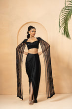 Load image into Gallery viewer, Black co-ord set with attached cape