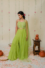 Load image into Gallery viewer, Green Pleated Embroidered Sharara Set