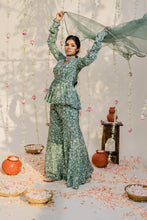 Load image into Gallery viewer, Olive Green Embroidered Peplum Sharara Set