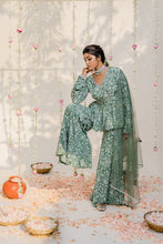 Load image into Gallery viewer, Olive Green Embroidered Peplum Sharara Set