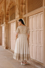 Load image into Gallery viewer, Nafees - Daisy Ivory Kalidaar Anarkali Set with Palazzo & Dupatta