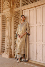 Load image into Gallery viewer, Nazaara - Gold Tissue Long Kalidaar Chauga Set with Palazzo & Dupatta