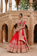Load image into Gallery viewer, Mahroz - Deep Red Lehenga Set with Blouse & Dupatta