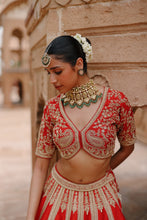 Load image into Gallery viewer, Mahroz - Deep Red Lehenga Set with Blouse & Dupatta