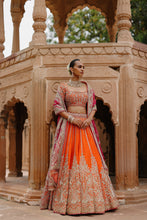 Load image into Gallery viewer, Nagma - Orange Lehenga Set with Blouse & Hot Pink Dupatta