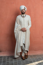 Load image into Gallery viewer, IVORY GEOMETRIC EMBROIDERED ACHKAN WITH MONGA KURT AND CHURIDAR