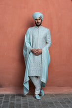 Load image into Gallery viewer, AQUA BLUE DUPION SILK EMBROIDERED ACHKAN WITH MONGA KURTA AND PANT