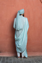Load image into Gallery viewer, AQUA BLUE DUPION SILK EMBROIDERED ACHKAN WITH MONGA KURTA AND PANT
