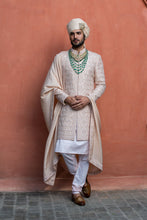 Load image into Gallery viewer, NUDE TAFETTA SILK EMBROIDERED SHERWANI WITH KURTA AND CHURIDAR