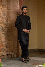 Load image into Gallery viewer, BLACK KURTA SALWAR WITH RAW SILK ALL OVER EMBROIDERED NEHRU JACKET