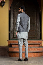 Load image into Gallery viewer, STEEL GREY KURTA AND PANT WITH ALL OVER EMBROIDERED RAW SILK NEHRU JACKET
