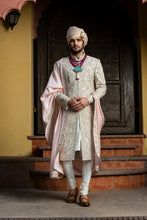 Load image into Gallery viewer, IVORY TAFETTA ACHKAN ALL OVER EMBROIDERED WITH MONGA KURTA AND CHURIDAR