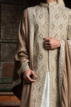 Load image into Gallery viewer, BEIGE BROWN RAW SILK PATCHWORK EMBROIDERED ACHKAN WITH MONGA KURTA AND CHURIDAR