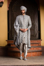 Load image into Gallery viewer, GREY DUPION SILK APPLIQUE EMBROIDERED ACHKAN AND BELT WITH MONGA KURTA AND CHURIDAR