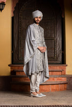 Load image into Gallery viewer, GREY DUPION SILK APPLIQUE EMBROIDERED ACHKAN AND BELT WITH MONGA KURTA AND CHURIDAR