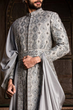 Load image into Gallery viewer, GREY DUPION SILK APPLIQUE EMBROIDERED ACHKAN AND BELT WITH MONGA KURTA AND CHURIDAR