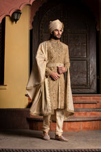 Load image into Gallery viewer, GOLD RAW SILK ANTIQUE EMBROIDERED ACHKAN WITH BELT AND KURTA+CHURIDAR