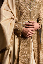 Load image into Gallery viewer, GOLD RAW SILK ANTIQUE EMBROIDERED ACHKAN WITH BELT AND KURTA+CHURIDAR