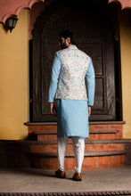 Load image into Gallery viewer, IVORY FLORAL MATKA JACKET WITH PODER BLUE KURTA AND IVORY DHOTI