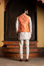 Load image into Gallery viewer, ORANGE RAW SILK EMBROIDERED NEHRU JACKET WITH KURTA AND PANT