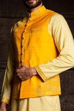 Load image into Gallery viewer, LEMON KURTA DHOTI SET WITH YELLOW RAW SILK EMBROIDERED JACKET