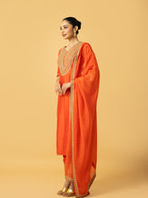 Load image into Gallery viewer, Orange chanderi silk 3 quarter sleeve kurta salwar with hand embroidery & organza dupatta with hand embroidery