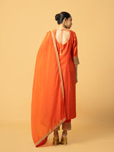 Load image into Gallery viewer, Orange chanderi silk 3 quarter sleeve kurta salwar with hand embroidery & organza dupatta with hand embroidery