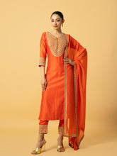 Load image into Gallery viewer, Orange chanderi silk 3 quarter sleeve kurta salwar with hand embroidery & organza dupatta with hand embroidery