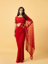 Load image into Gallery viewer, Red soft net & georgette saree with hand embroidery