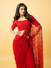 Load image into Gallery viewer, Red soft net & georgette saree with hand embroidery