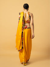 Load image into Gallery viewer, Golden yellow modal satin saree with multi coloured 3D work on blouse and saree edge