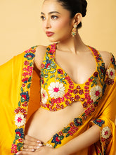 Load image into Gallery viewer, Golden yellow modal satin saree with multi coloured 3D work on blouse and saree edge